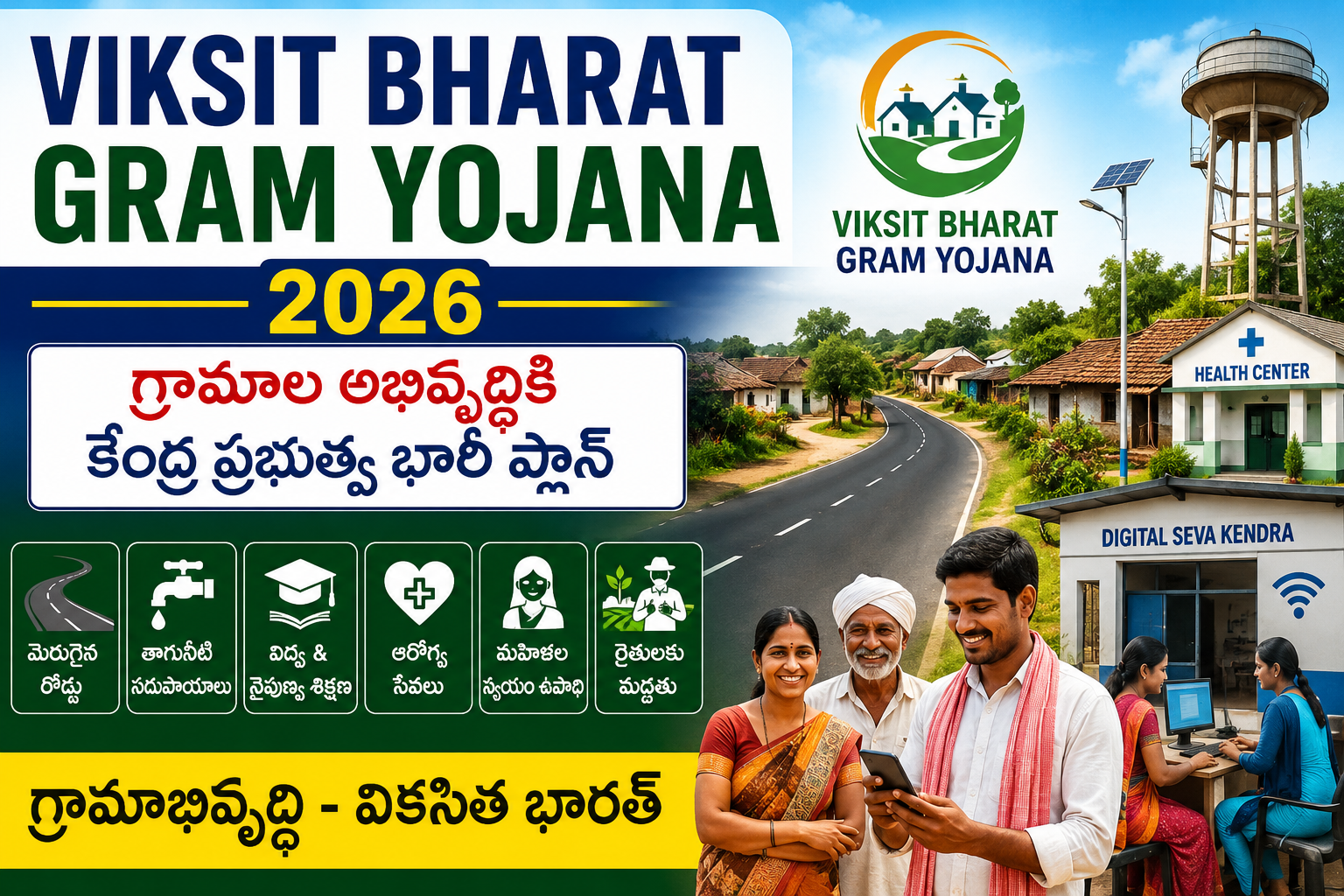 Viksit Bharat Gram Yojana 2026 featured image showing rural development, village roads, health centers, digital seva kendra, farmers, and government village infrastructure scheme.