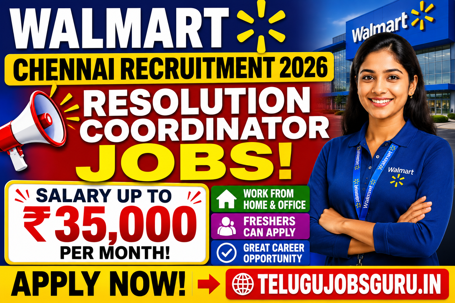 Walmart Chennai Recruitment 2026 featured image showing Resolution Coordinator jobs, freshers eligibility, and salary up to ₹35,000 with Walmart branding.