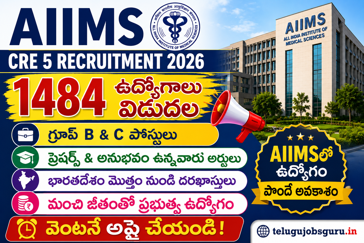 AIIMS CRE 5 Recruitment 2026 featured image showing 1484 vacancies for Group B & C posts, eligibility for freshers and experienced candidates, government job opportunity with attractive salary.