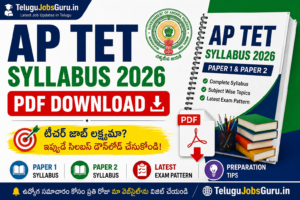 AP TET Syllabus 2026 PDF Download featured image showing Paper 1 and Paper 2 syllabus, exam pattern, study materials, and TeluguJobsGuru.in branding.