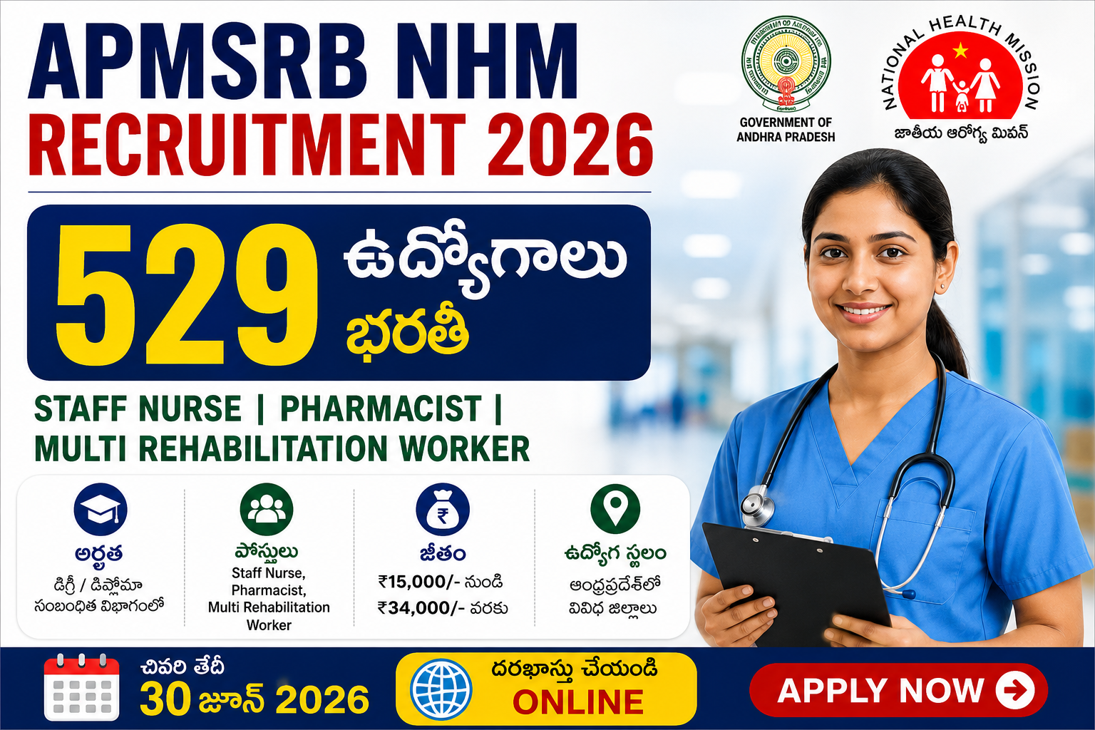 APMSRB NHM Recruitment 2026 featured image showing 529 Staff Nurse, Pharmacist and Multi Rehabilitation Worker vacancies in Andhra Pradesh