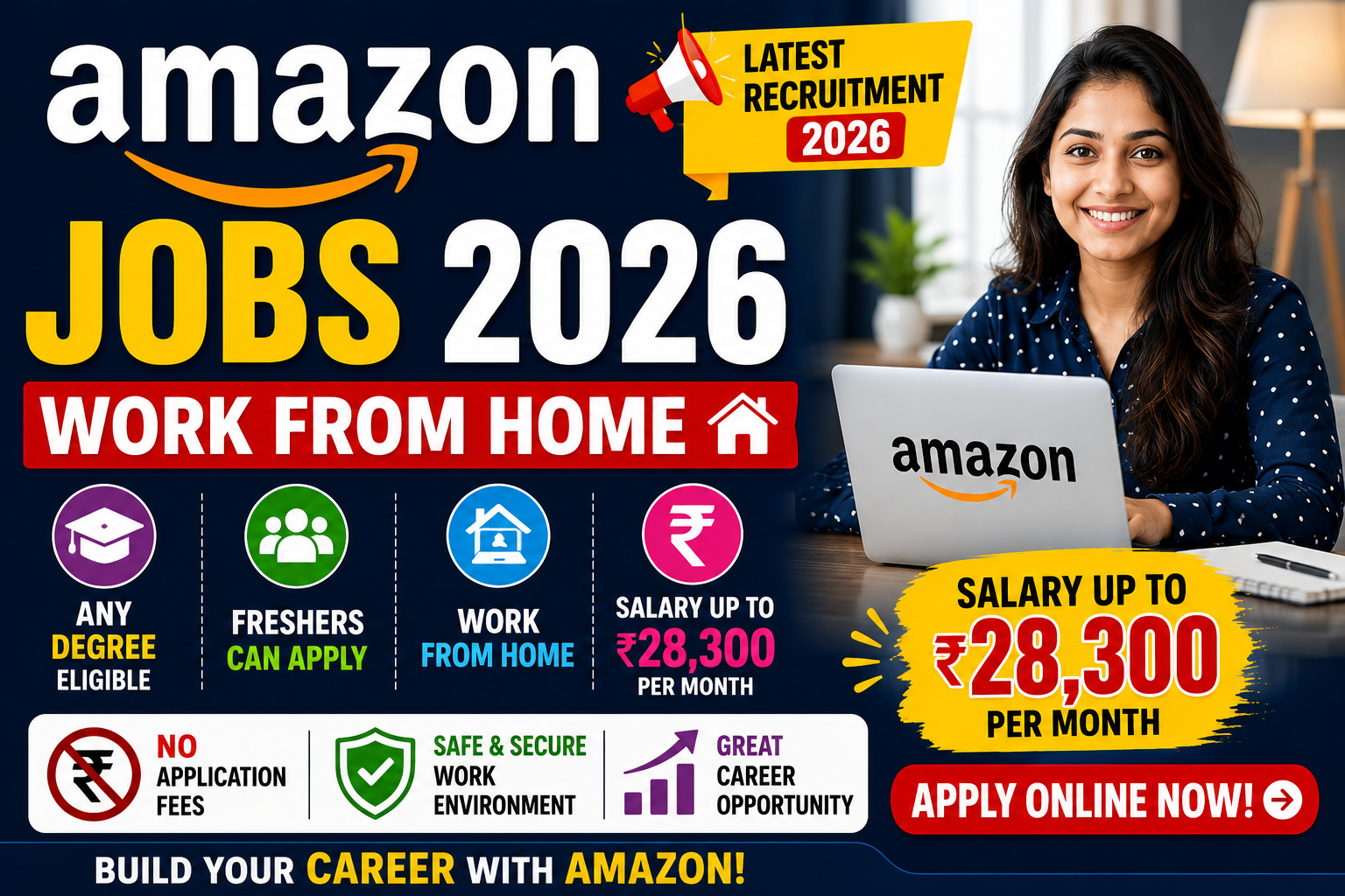 Amazon Jobs 2026 featured image showing Work From Home job, Any Degree eligibility, Freshers can apply, and salary up to ₹28,300 per month.