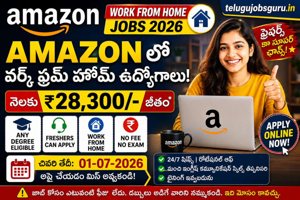 Amazon Work From Home Jobs 2026 featured image showing ₹28,300 salary, Any Degree eligibility, freshers can apply, and online application details for Amazon SPS Associate recruitment.