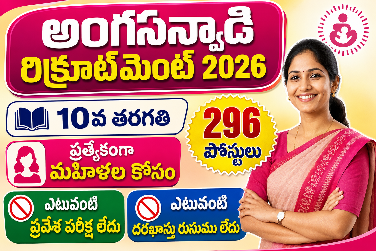 Anganwadi Recruitment 2026 featured image showing 296 posts, 1st Class eligibility, specially for ladies, no entrance exam, and no application fees.