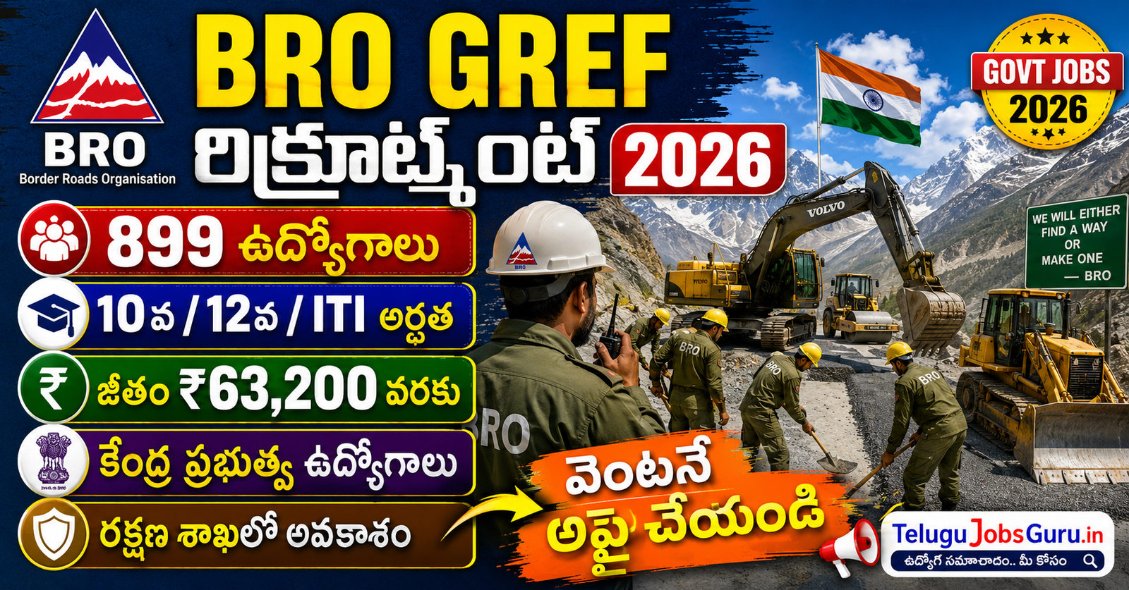 BRO GREF Recruitment 2026 featured image showing 899 vacancies for 10th, 12th, and ITI candidates with salary up to ₹63,200 in Border Roads Organisation.