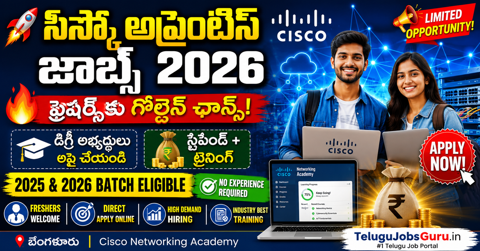 Cisco Networking Academy Apprentice Job 2026 featured image showing fresh graduates, Cisco networking technology, stipend benefits, and apprentice recruitment opportunities for degree candidates.