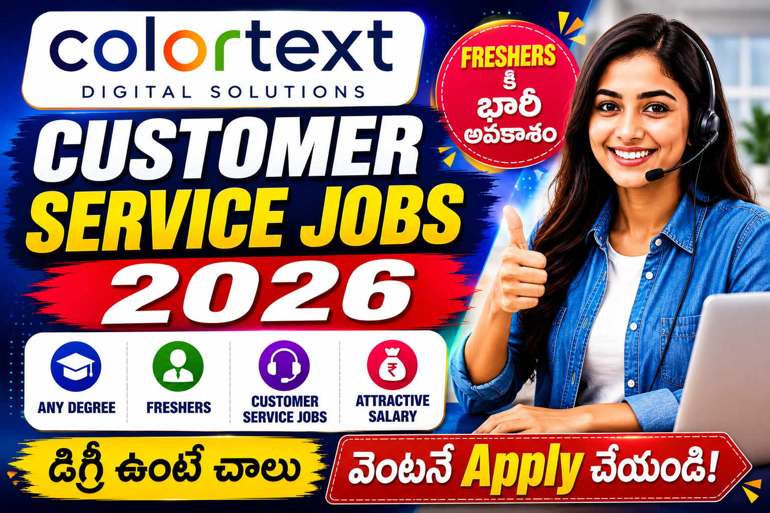 Colortext Customer Service Jobs 2026 recruitment banner for freshers and graduates with apply now call-to-action.