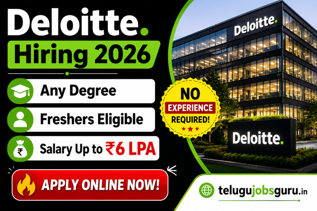 Deloitte Hiring 2026 recruitment featured image for freshers with Any Degree eligibility, salary up to ₹6 LPA, and apply online notification on TeluguJobsGuru.