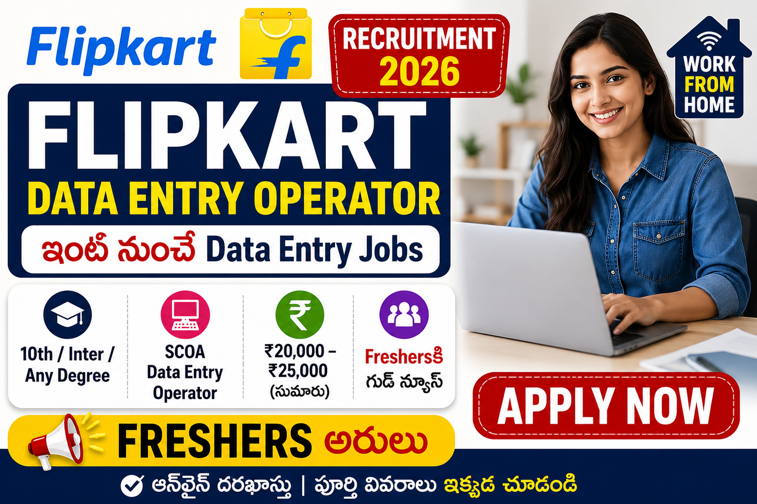 Flipkart Recruitment 2026 Work From Home Data Entry Operator Jobs for 10th, Inter, Any Degree Freshers