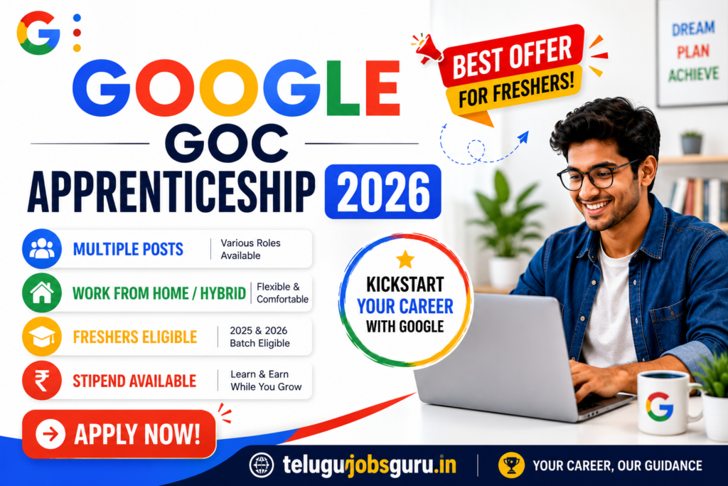 Google GOC Apprenticeship 2026 featured image highlighting multiple posts, work from home opportunities, freshers eligibility, stipend benefits, and application details for 2025 and 2026 graduates.