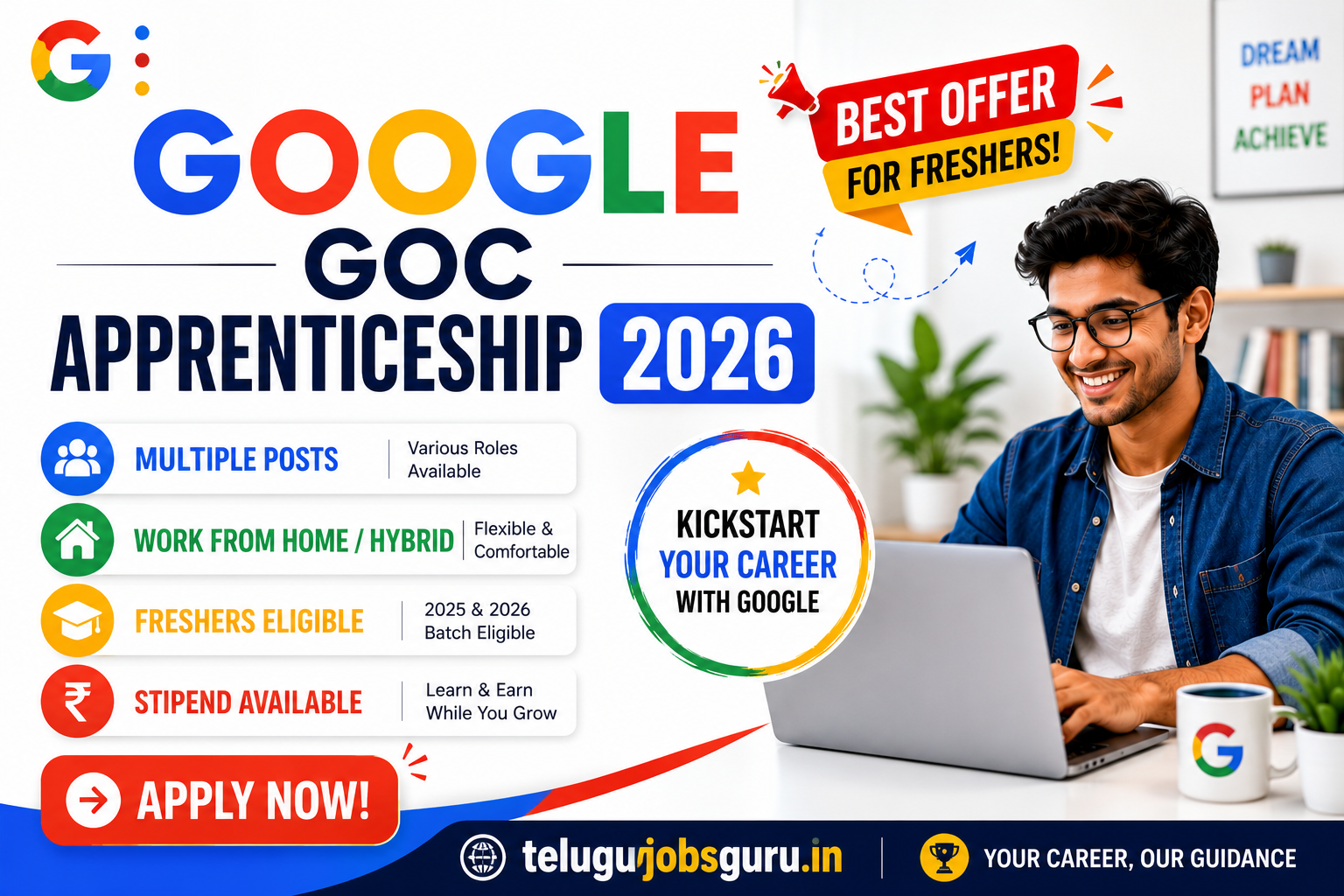 Google GOC Apprenticeship 2026 featured image highlighting multiple posts, work from home opportunities, freshers eligibility, stipend benefits, and application details for 2025 and 2026 graduates.