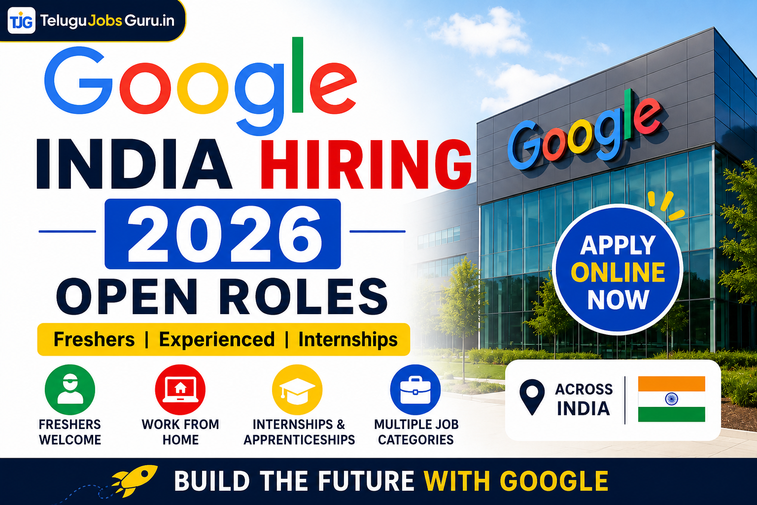 Google India Hiring 2026 recruitment banner featuring open roles for freshers, experienced candidates, internships, work-from-home opportunities, and online application details with TeluguJobsGuru.in branding.