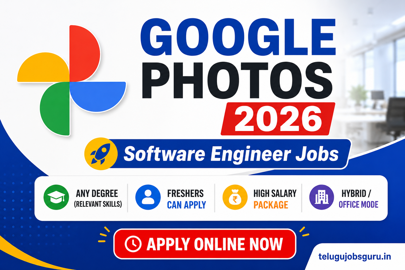 Google Photos Recruitment 2026 featured image showing Software Engineer Jobs, freshers eligible, high salary package, and hybrid office mode opportunities.