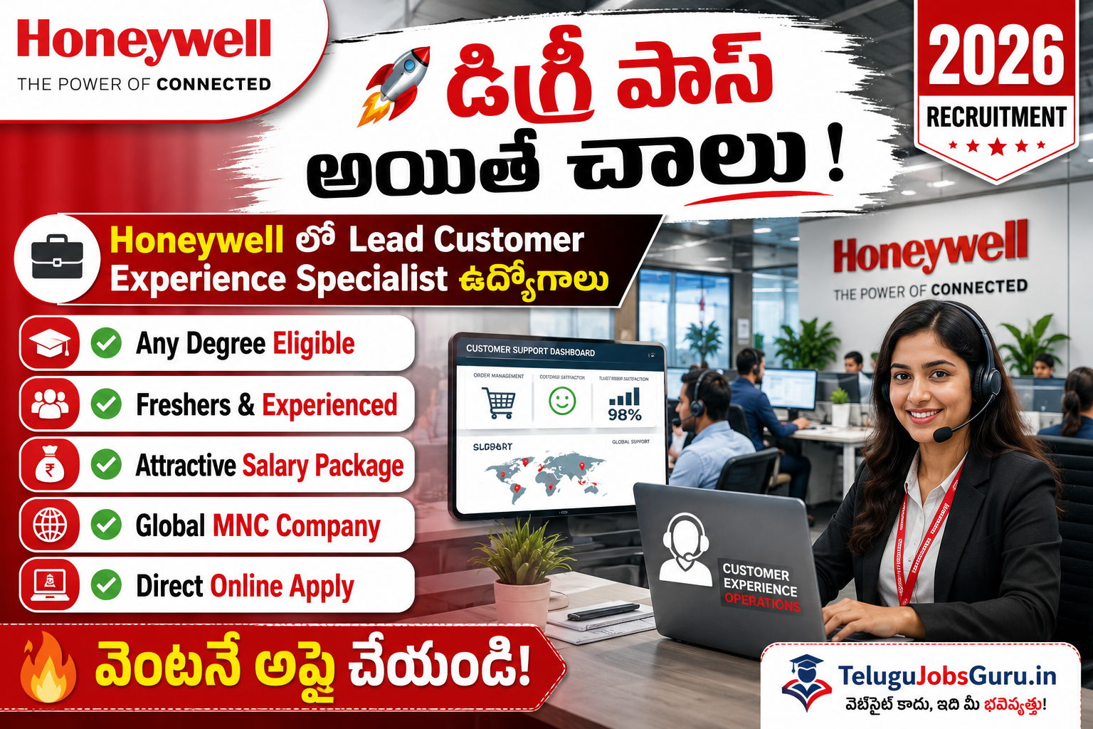 Honeywell Lead Customer Experience Specialist Jobs 2026 recruitment banner for degree graduates and freshers