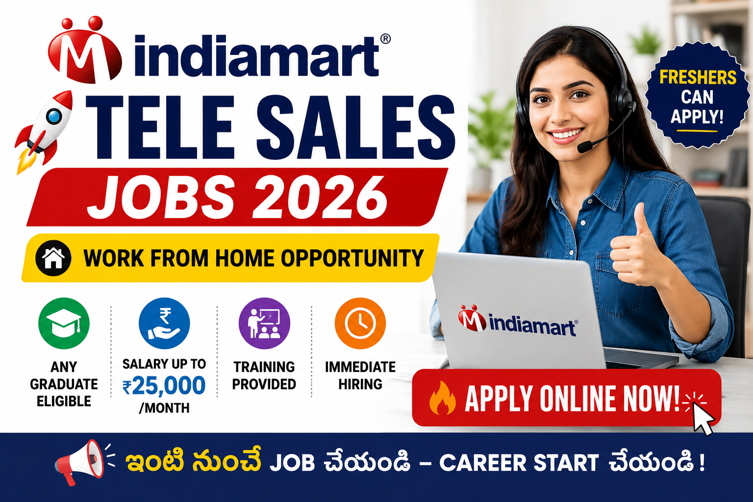 IndiaMART Tele Sales Jobs 2026 featured image showing a work-from-home job opportunity for freshers with salary up to ₹25,000 per month and online application details.