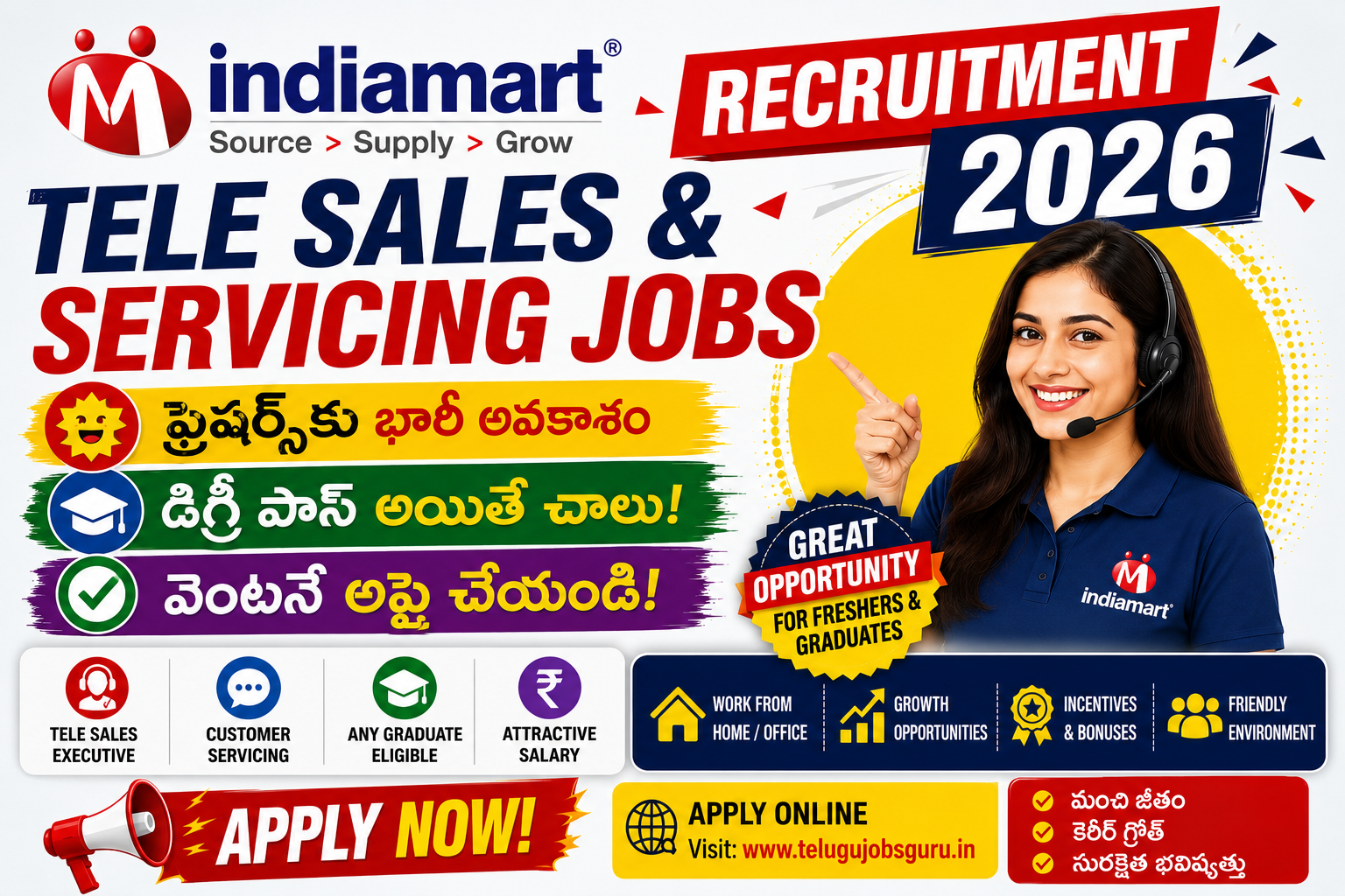 IndiaMART Tele Sales and Servicing Recruitment 2026 featured image highlighting fresher job opportunities, graduate eligibility, attractive salary, customer servicing roles, and online application details.