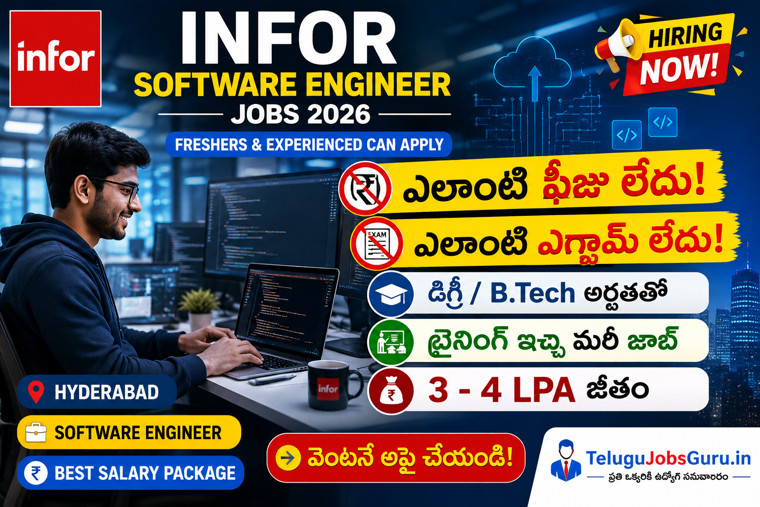 Infor Software Engineer Jobs 2026 recruitment banner featuring software engineer hiring in Hyderabad with no application fee, no exam, free training, and 3–4 LPA salary package for Degree and B.Tech graduates.