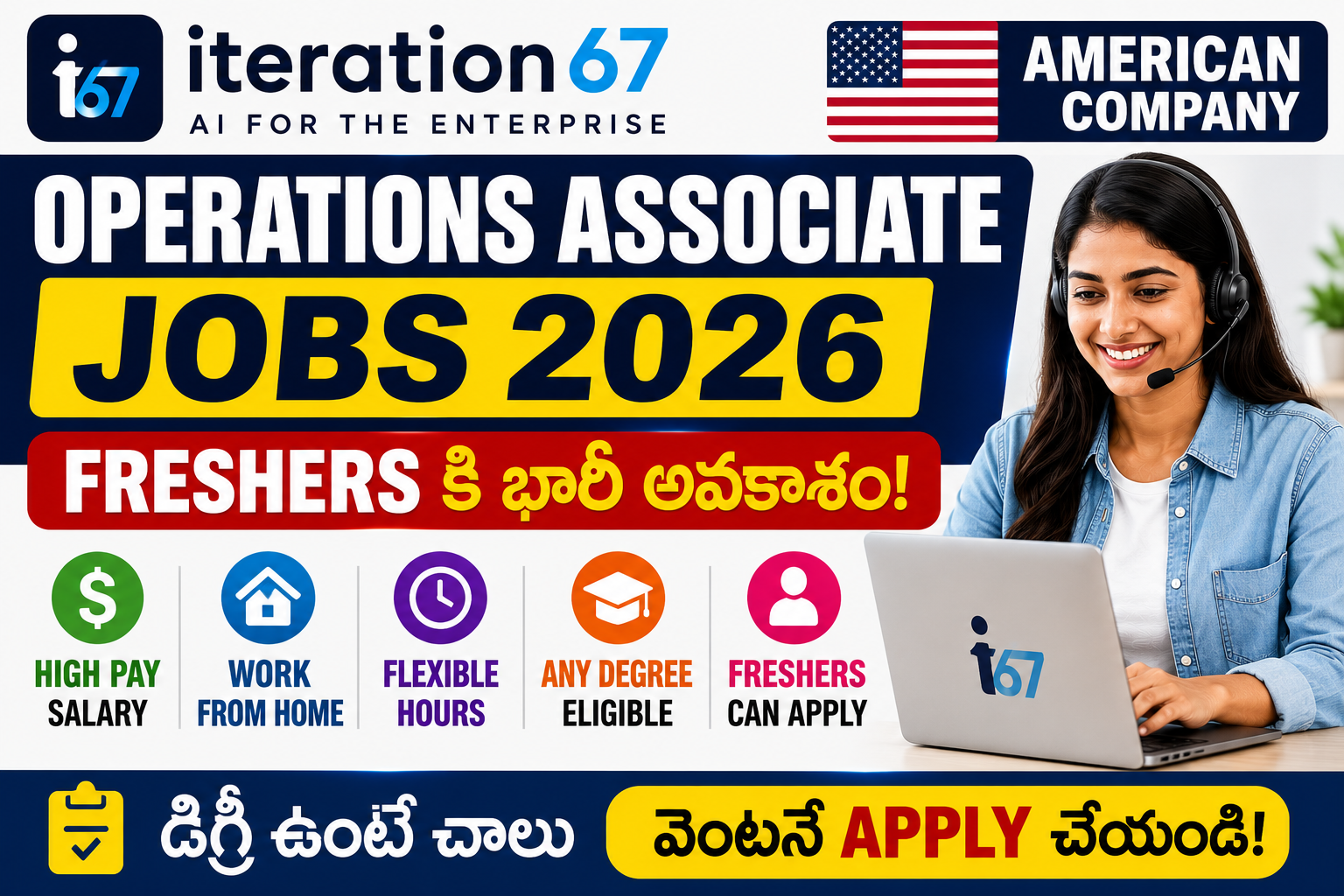 Iteration67 Operations Associate Remote Job 2026 featured image highlighting American company, work from home opportunity, high pay salary, flexible hours, and freshers eligibility.