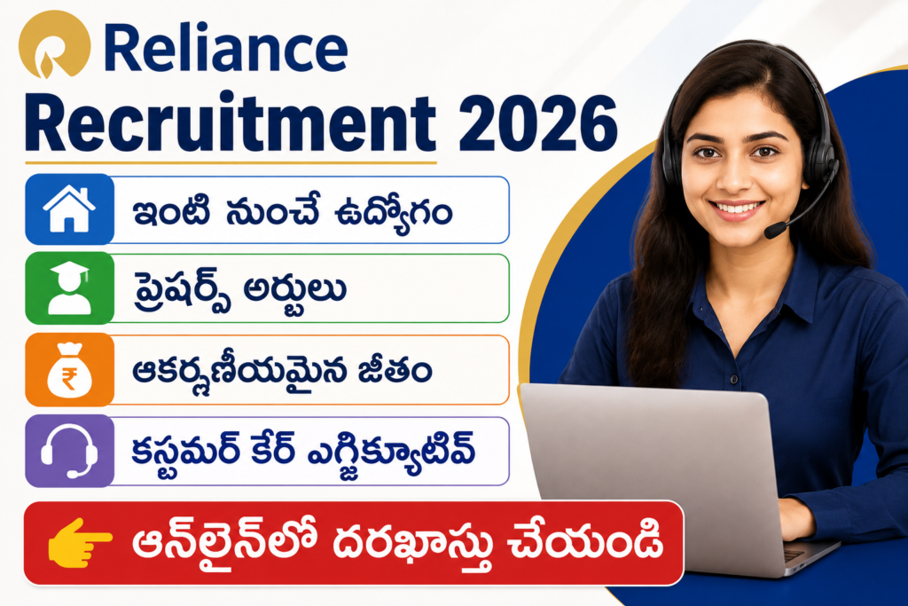 Reliance Recruitment 2026 Work From Home job notification showing Customer Care Executive vacancy, freshers eligible, attractive salary, and online application details.