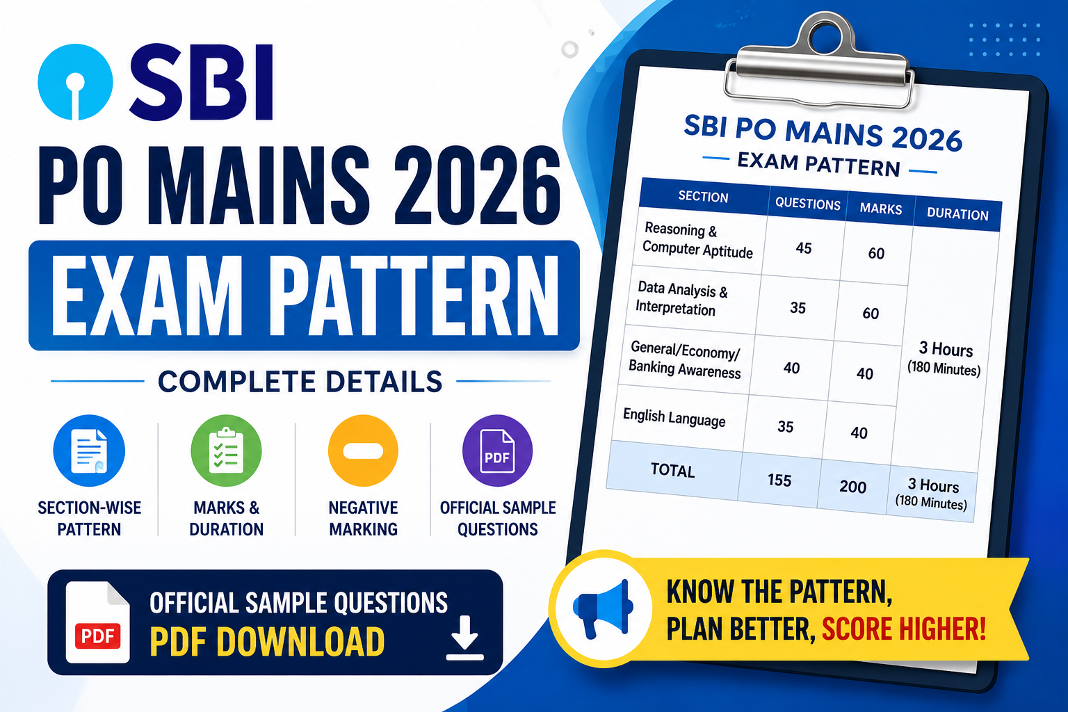 SBI PO Mains 2026 Exam Pattern complete details with official sample questions PDF download and section-wise marks structure.