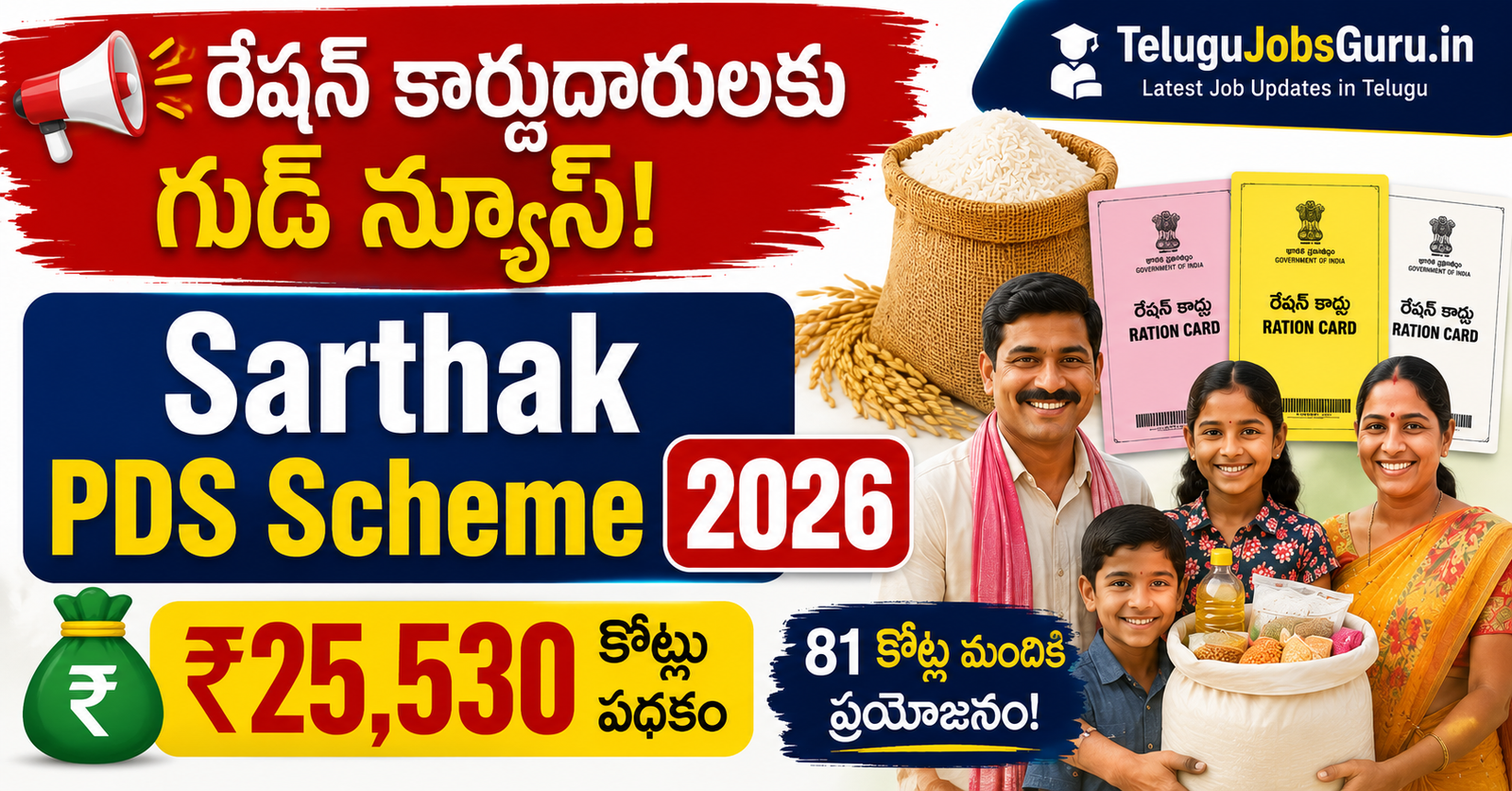 Sarthak PDS Scheme 2026 featured image showing ration card holders, ₹25,530 crore government scheme, ration cards, food grains, and beneficiary family.