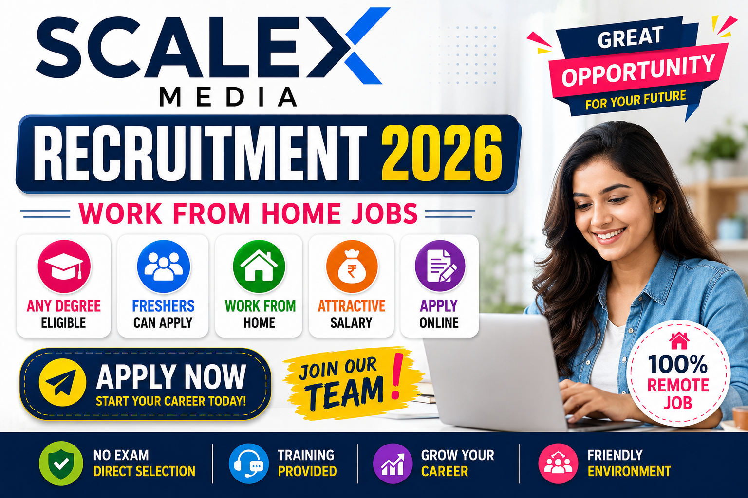 Scalex Media Recruitment 2026 Work From Home Jobs for freshers with Any Degree eligibility, remote job, attractive salary, and online application.