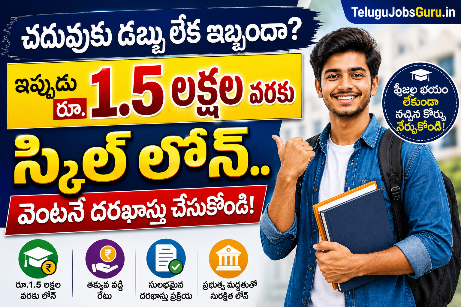 Skill Loan Scheme 2026 featured image showing a student and details of ₹1.5 lakh government skill loan for ITI, Polytechnic, and vocational courses.