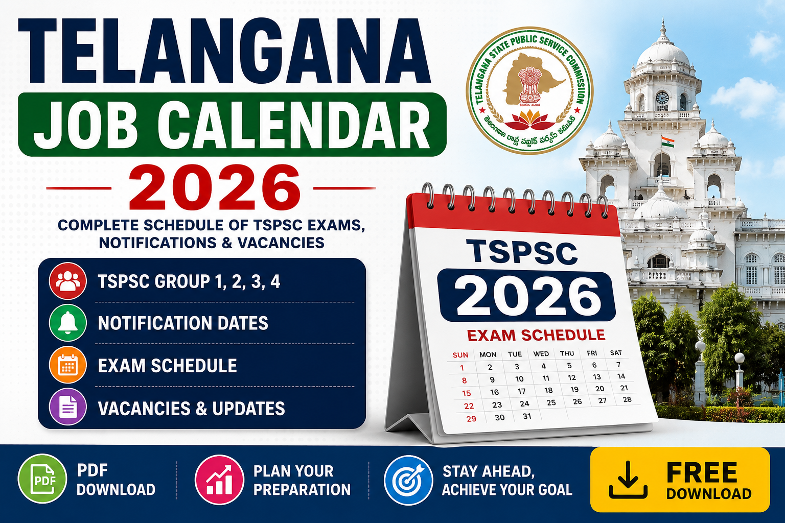 Telangana Job Calendar 2026 PDF featuring TSPSC Group 1, Group 2, Group 3, Group 4 notification dates, exam schedule, vacancies, and download updates.