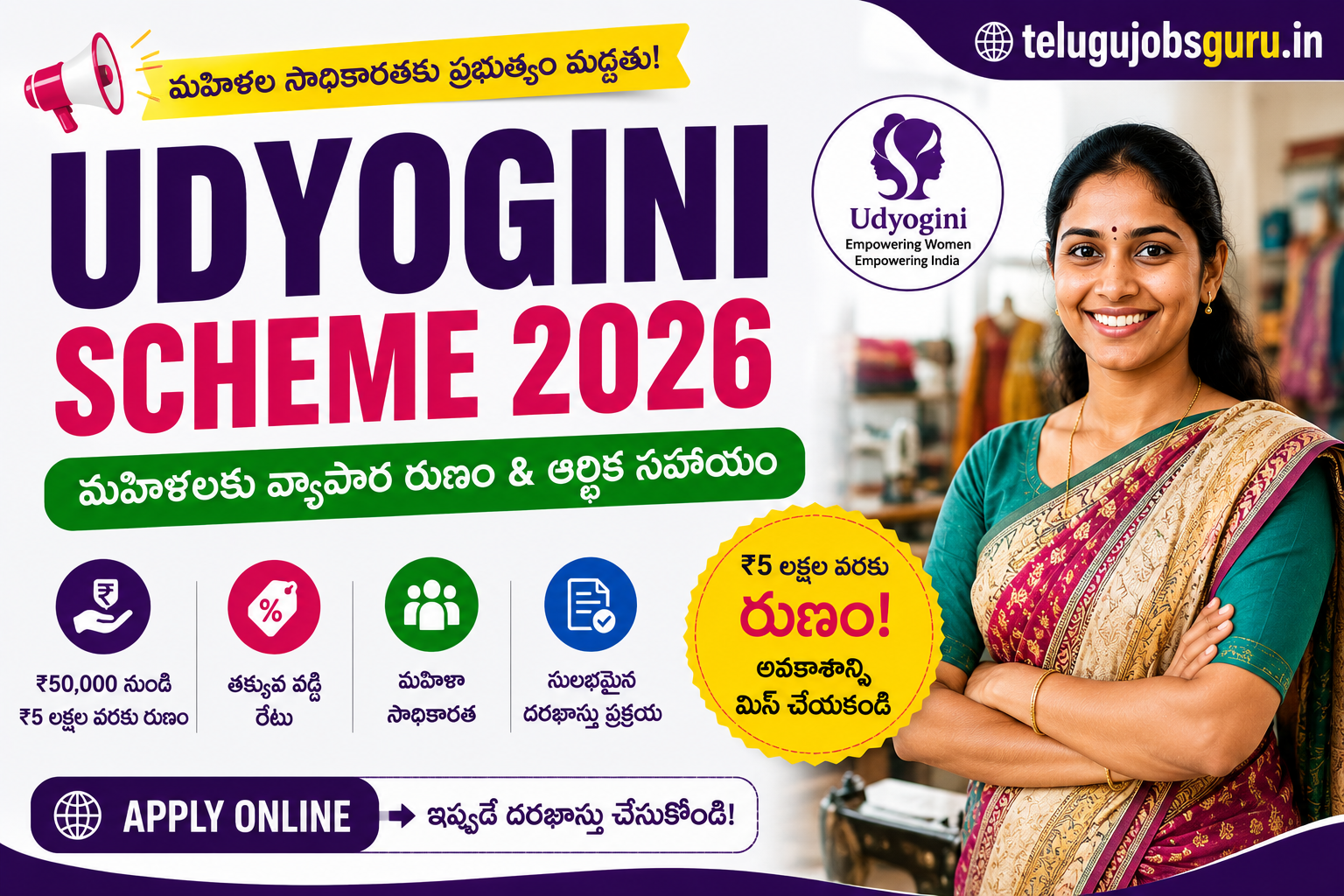Udyogini Scheme 2026 featured image showing a woman entrepreneur, business loan benefits, financial assistance, eligibility details, and online application information.