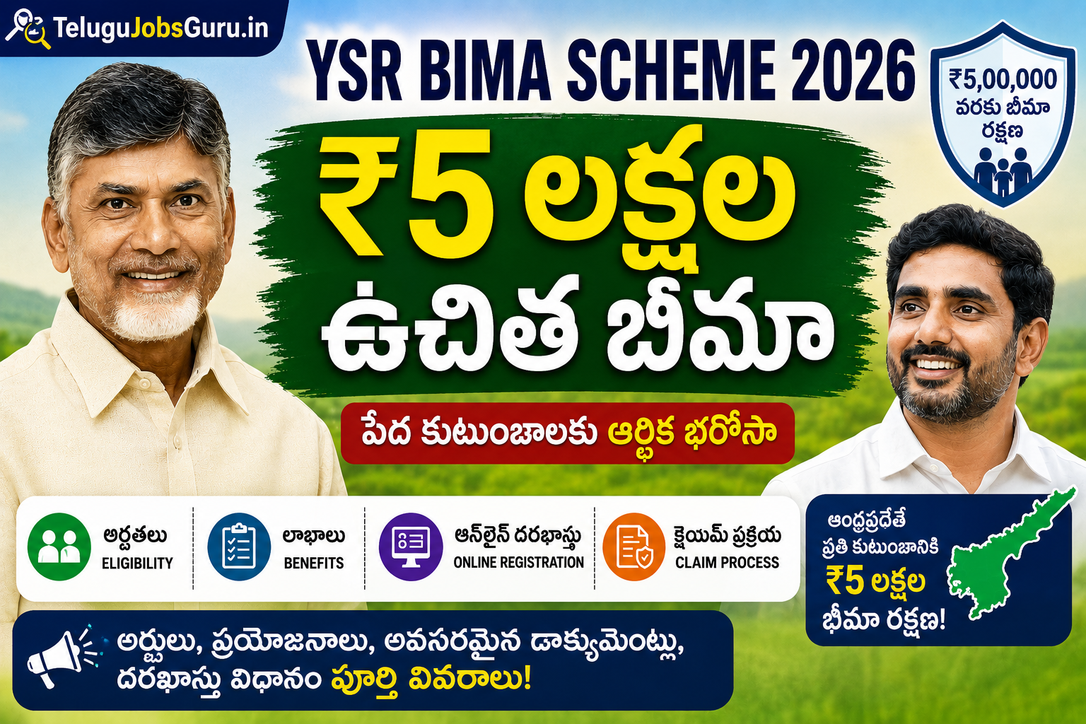 YSR Bima Scheme featured image with Chandrababu Naidu, Nara Lokesh, family protection concept, Telugu and English text, and financial support icons.