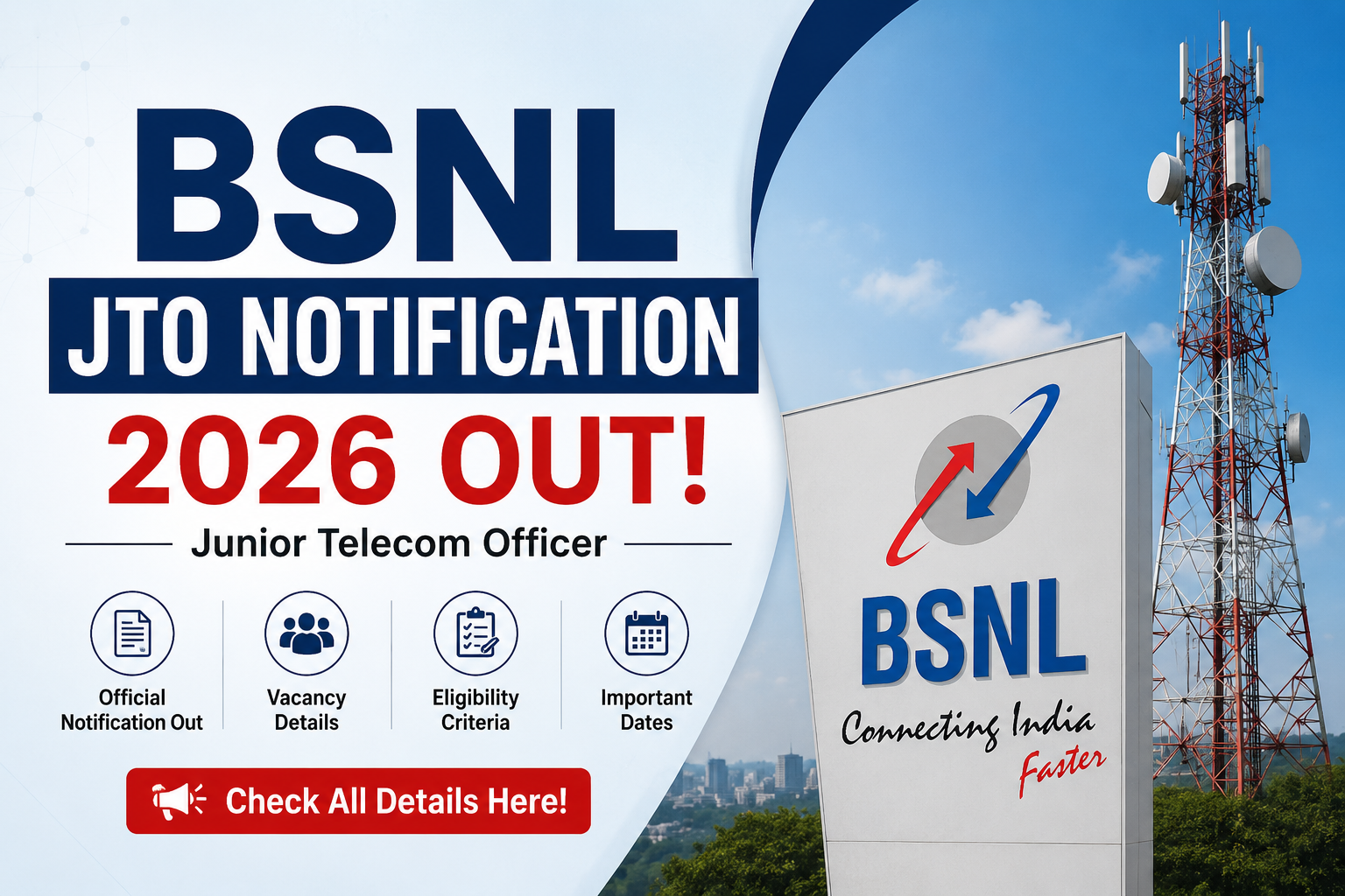 BSNL JTO Notification 2026 featured image showing BSNL telecom tower, BSNL logo, Junior Telecom Officer recruitment announcement, eligibility details, vacancy information, and important dates.