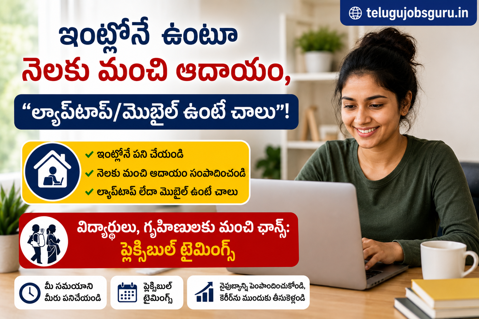 Work from home job opportunity image showing a woman working on a laptop from home with Telugu text highlighting good monthly income, flexible timings, and opportunities for students and housewives.