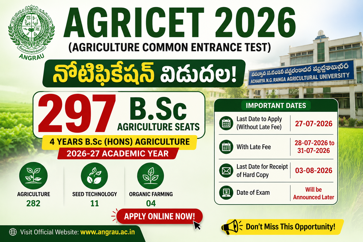 AGRICET 2026 notification banner showing 297 B.Sc Agriculture seats, eligibility, important dates, and ANGRAU admissions.