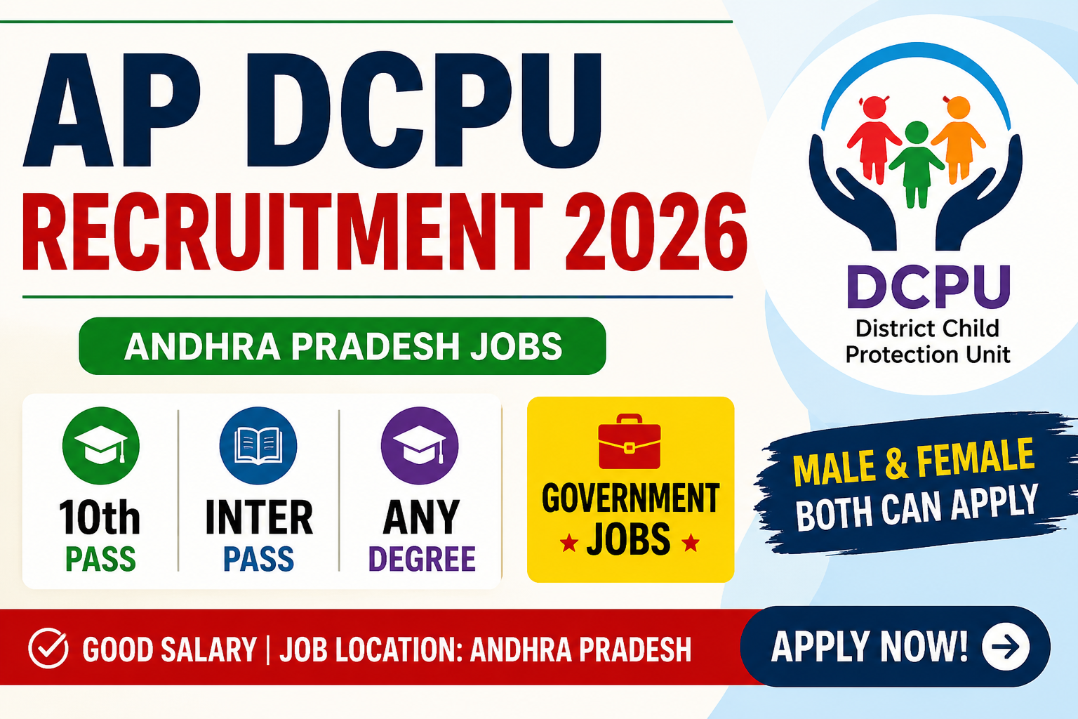 AP DCPU Recruitment 2026 featured image showing Andhra Pradesh District Child Protection Unit jobs for 10th, Inter, and Any Degree candidates.