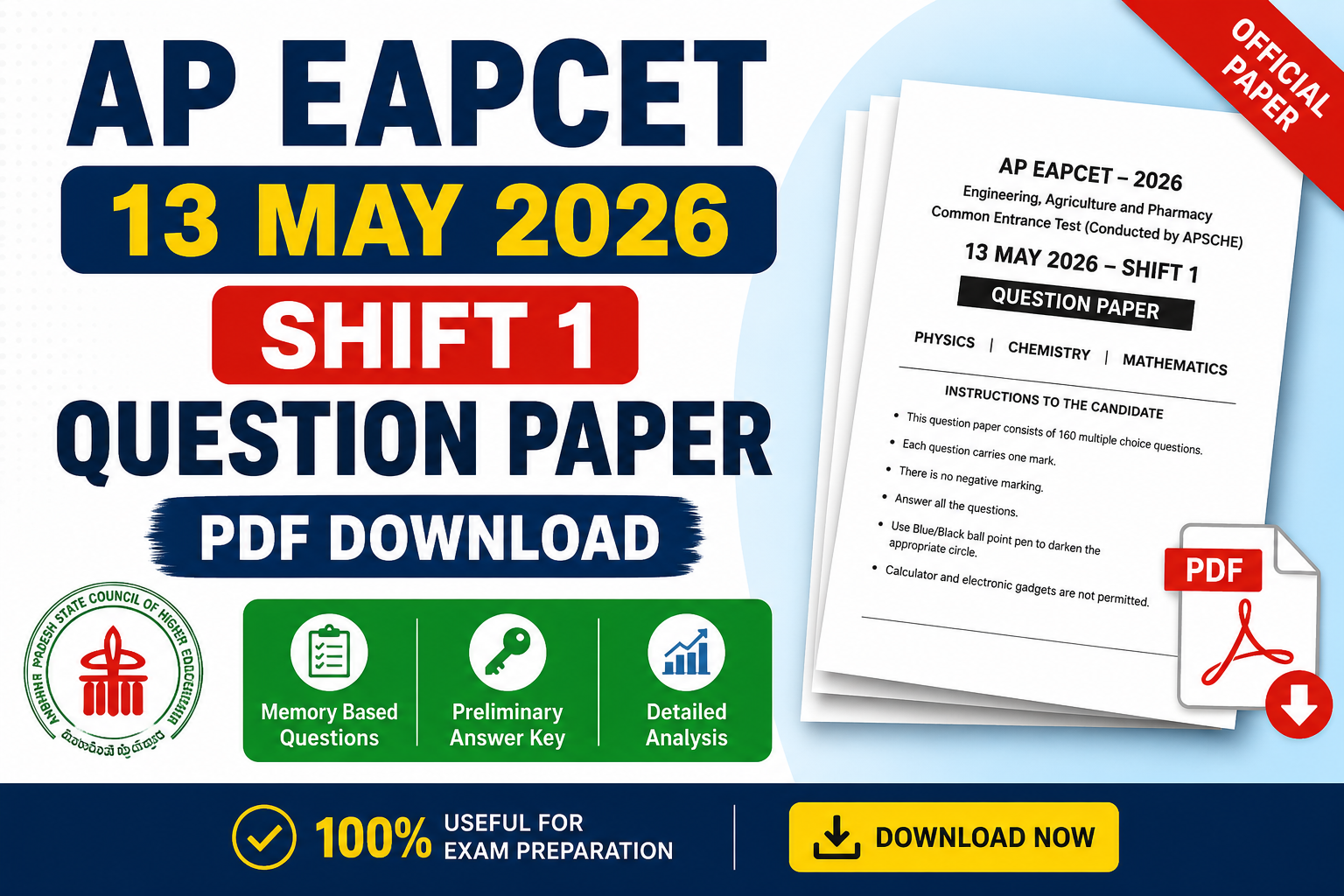 AP EAPCET 13 May 2026 Shift 1 question paper PDF download with preliminary answer key, memory-based questions, and exam analysis