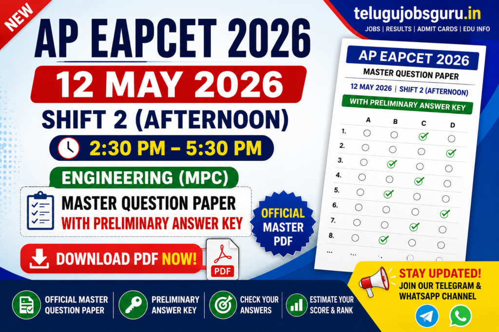 AP EAPCET 2026 Engineering 12 May Afternoon Shift 2 Question Paper with Preliminary Answer Key PDF Download – telugujobsguru.in