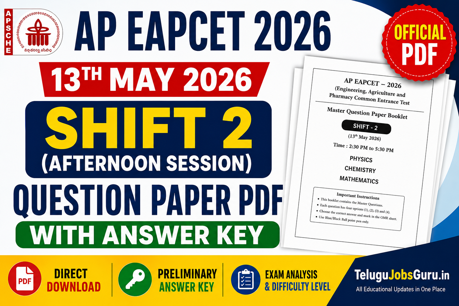 AP EAPCET 2026 13th May Shift 2 Question Paper PDF with Answer Key Download – Official Master Question Paper