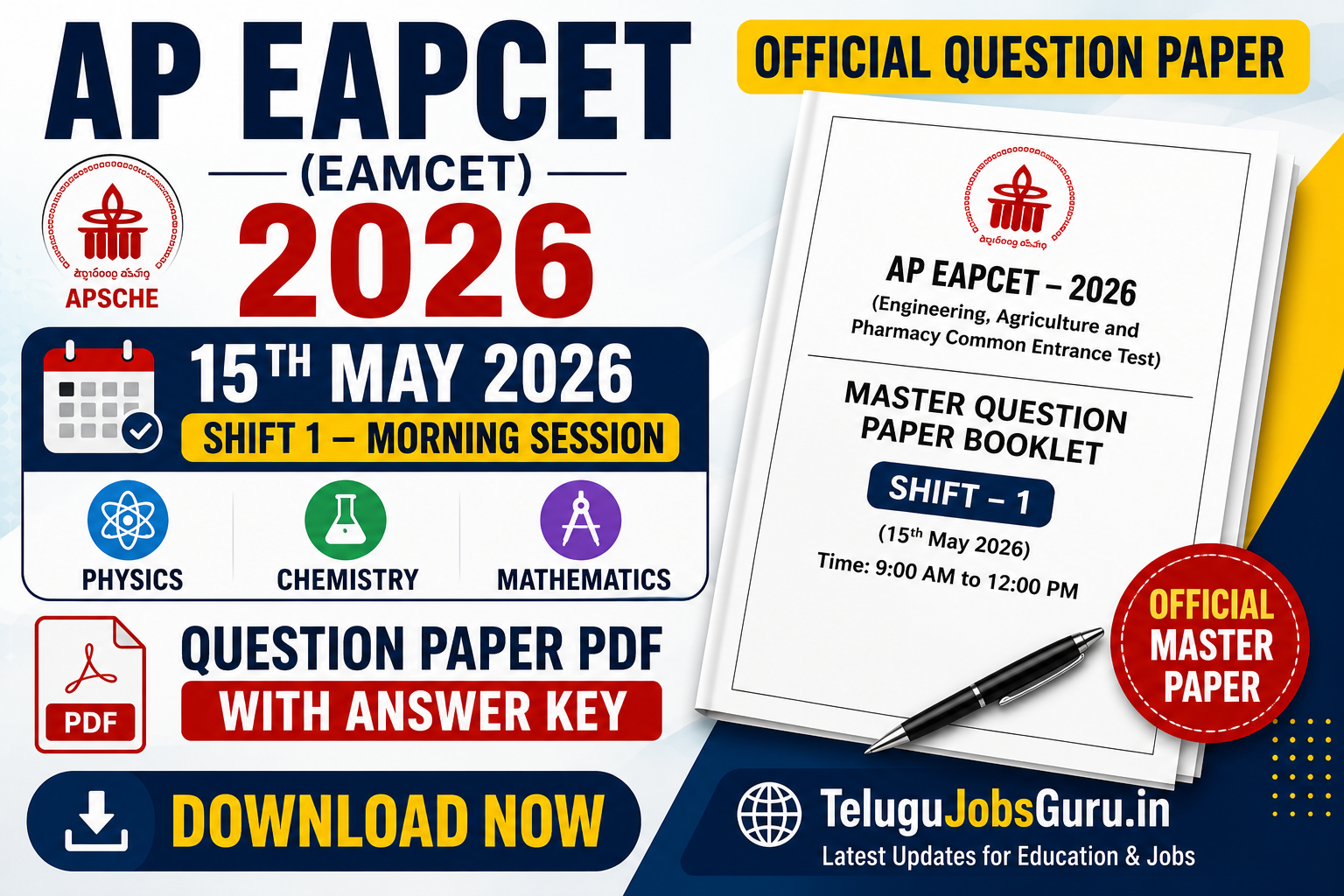 AP EAPCET 2026 15th May Shift 1 Question Paper PDF with Answer Key Download – Official Morning Session Master Paper