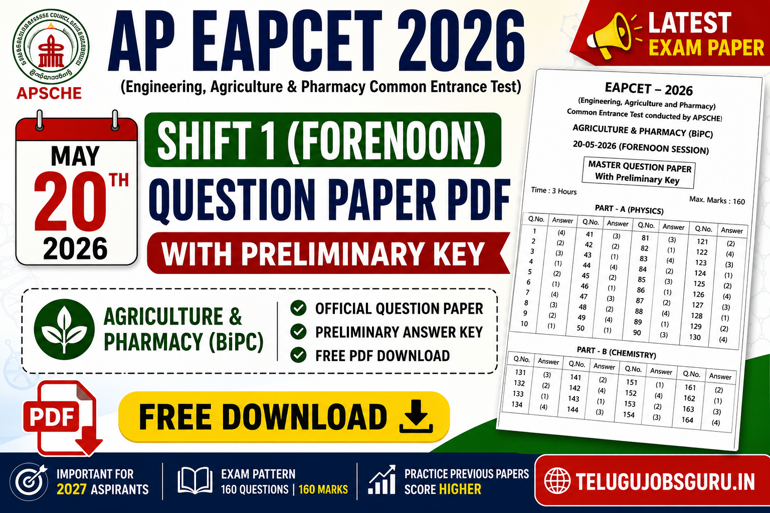 AP EAPCET 2026 May 20 Shift 1 (Forenoon) BiPC Question Paper PDF with Preliminary Answer Key Free Download | TeluguJobsGuru