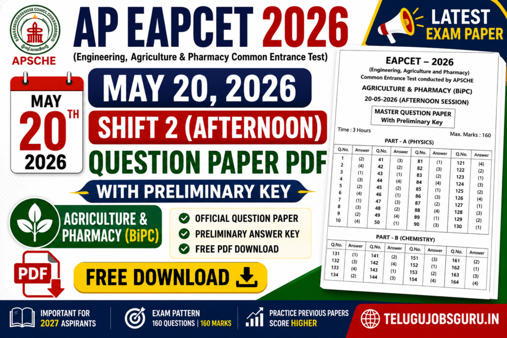 AP EAPCET 2026 May 20 Shift 2 (Afternoon) BiPC Question Paper PDF with Preliminary Answer Key Free Download | TeluguJobsGuru