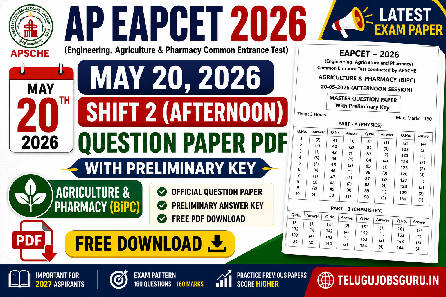AP EAPCET 2026 May 20 Shift 2 (Afternoon) BiPC Question Paper PDF with Preliminary Answer Key Free Download | TeluguJobsGuru