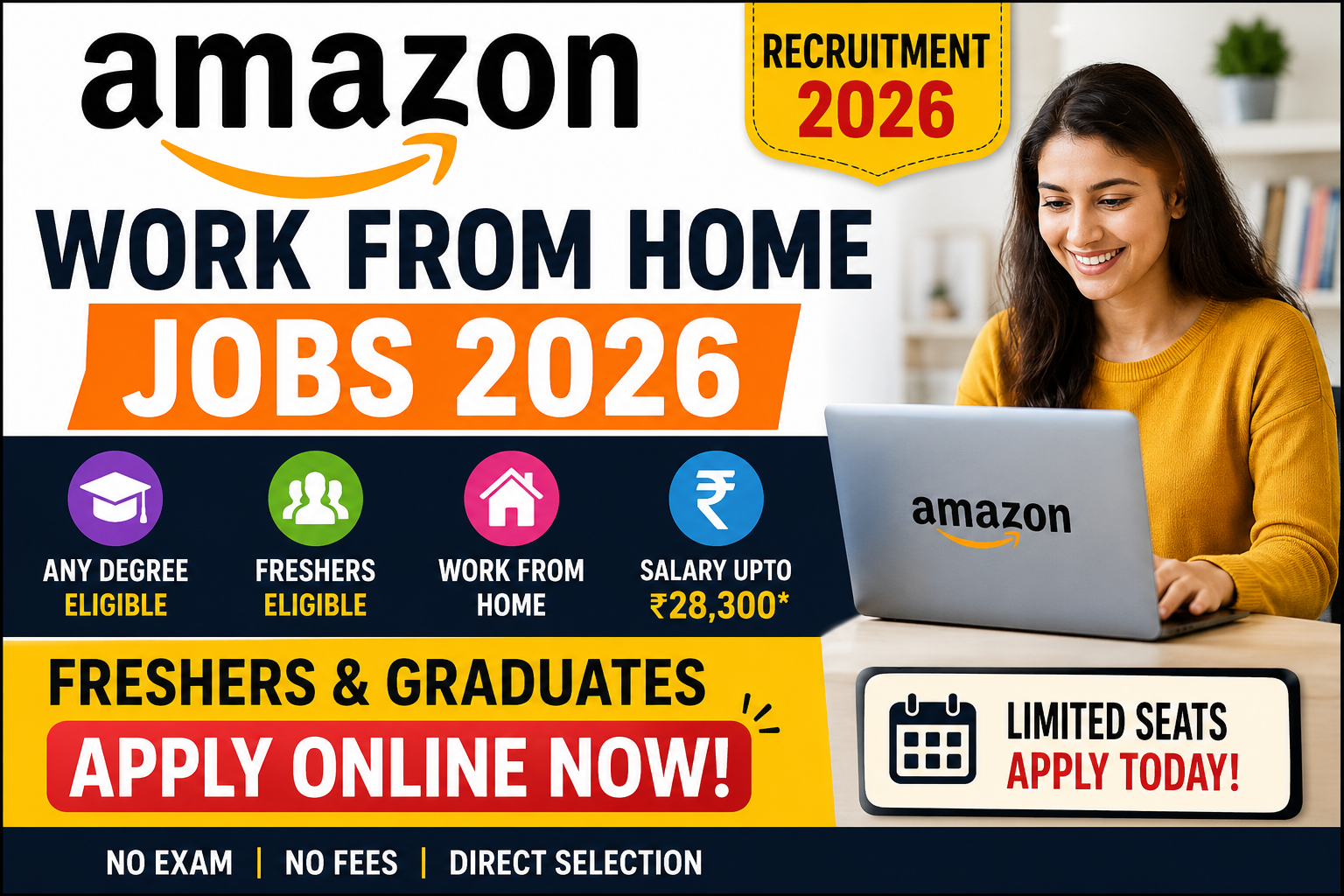 Amazon Work From Home Recruitment 2026 featured image showing remote jobs for freshers and graduates with any degree eligibility.