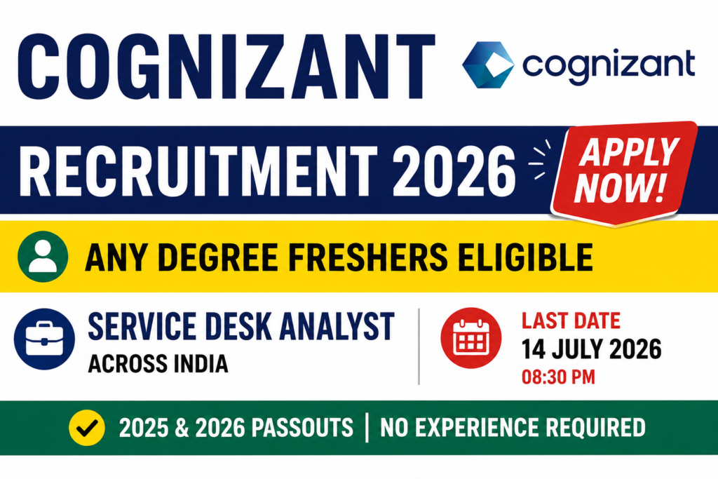 Cognizant Recruitment 2026 featured image showing Service Desk Analyst jobs for Any Degree freshers, 2025 & 2026 passouts, Across India, Apply Online before 14 July 2026.