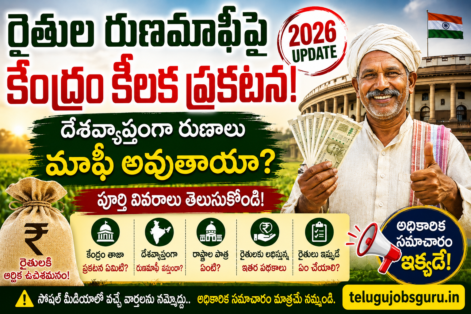 Farmer Loan Waiver Update 2026 featured image showing a farmer holding cash with Parliament background and Telugu text about the latest central government loan waiver announcement.
