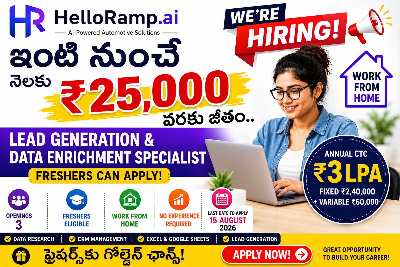 HelloRamp.ai Lead Generation & Data Enrichment Specialist Recruitment 2026 Work From Home Job for Freshers with ₹3 LPA Salary
