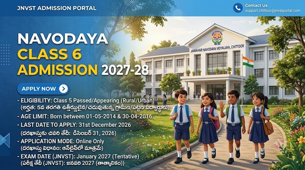 Navodaya Vidyalaya Class 6 Admission 2027-28 notification details in Telugu and English with Indian school students in uniform.
