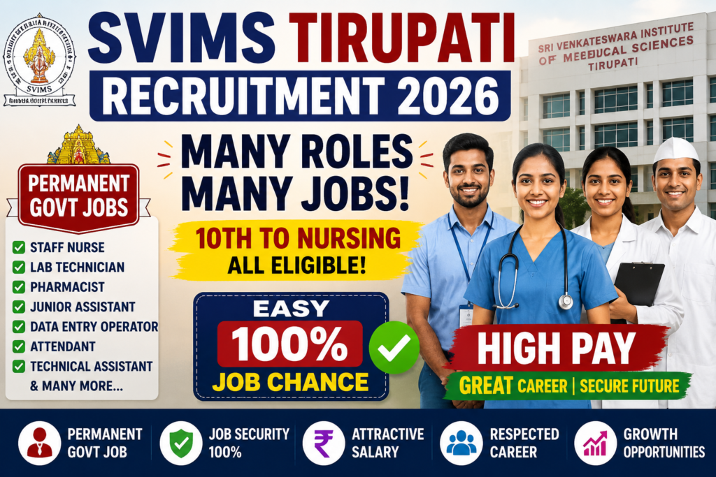 SVIMS Tirupati Recruitment 2026 featured image showing 303 Government Jobs including Staff Nurse, Junior Assistant and Paramedical posts