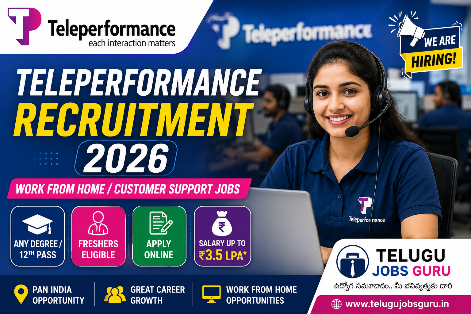 Teleperformance Recruitment 2026 featured image showing a female customer support executive with work from home and fresher jobs hiring details.
