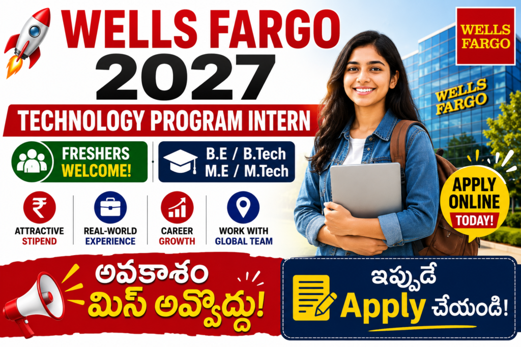 Wells Fargo 2027 Technology Program Intern Recruitment featured image with Freshers Welcome, B.E/B.Tech/M.E/M.Tech eligibility, and Telugu call-to-action encouraging candidates to apply online.