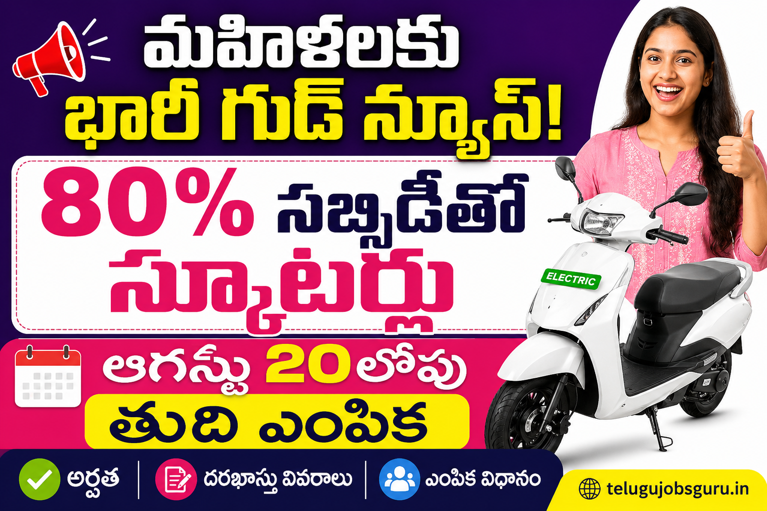 మహిళలకు 80% సబ్సిడీతో ఎలక్ట్రిక్ స్కూటర్ పథకం 2026 గురించి వివరాలను చూపిస్తున్న TeluguJobsGuru.in ఫీచర్డ్ ఇమేజ్